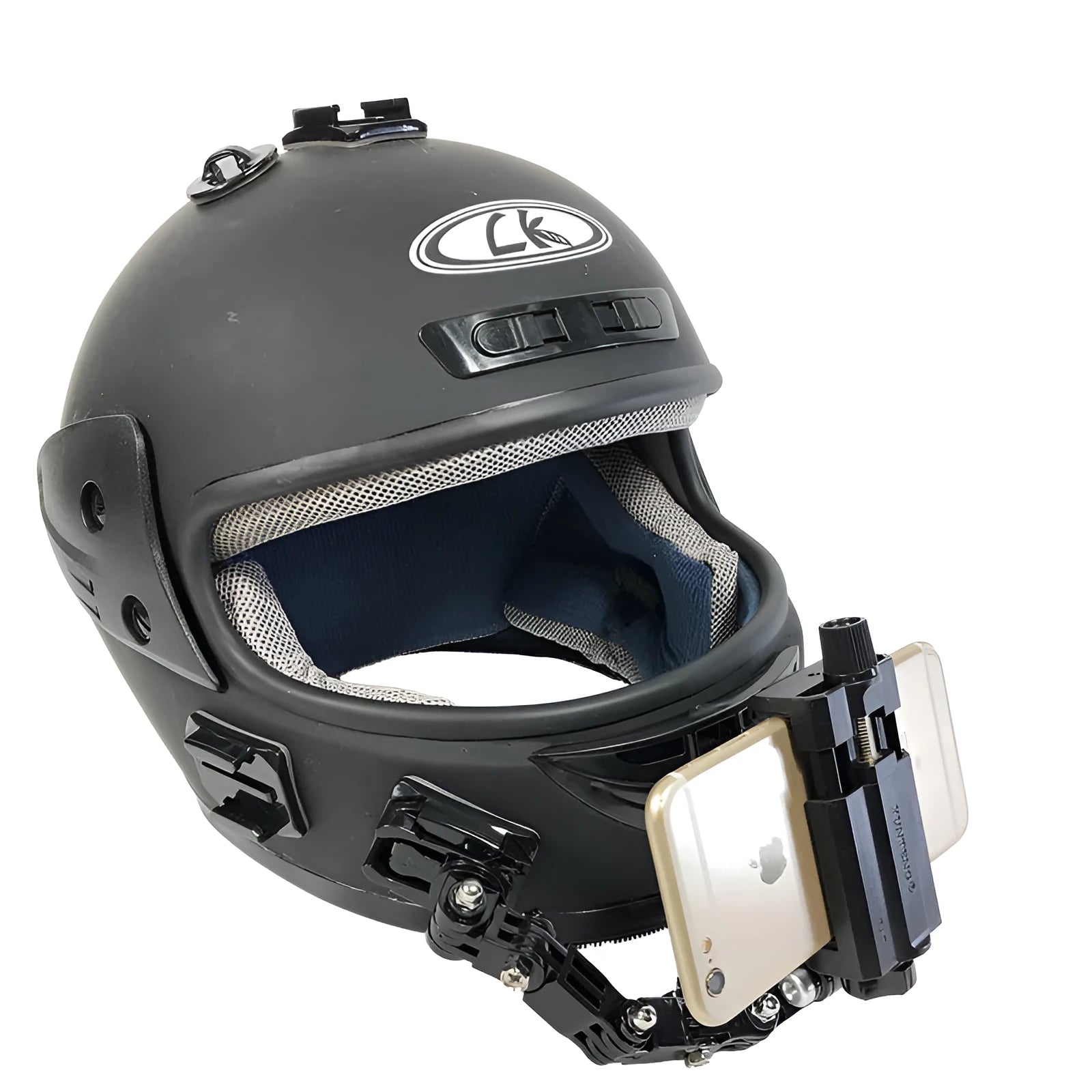 Black camera bracket mounted on a motorcycle helmet, made of ABS and stainless steel