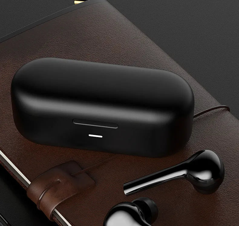 Black or white wireless in-ear headphones with charging case showing touch controls and Bluetooth 5.0 connectivity