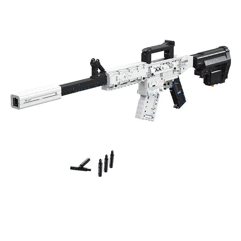 Colour box of plastic building blocks for a removable M4A1-style toy gun with battery power supply