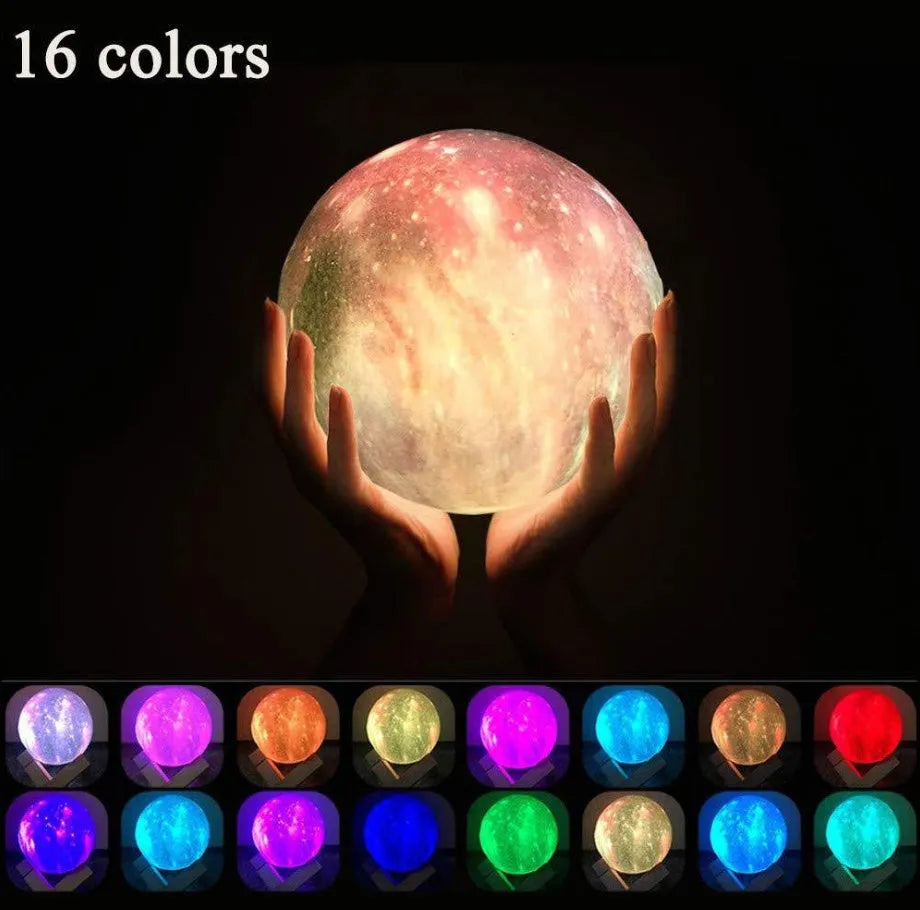 3D printed spherical lunar lamp with colour changing LED light on a surface.
