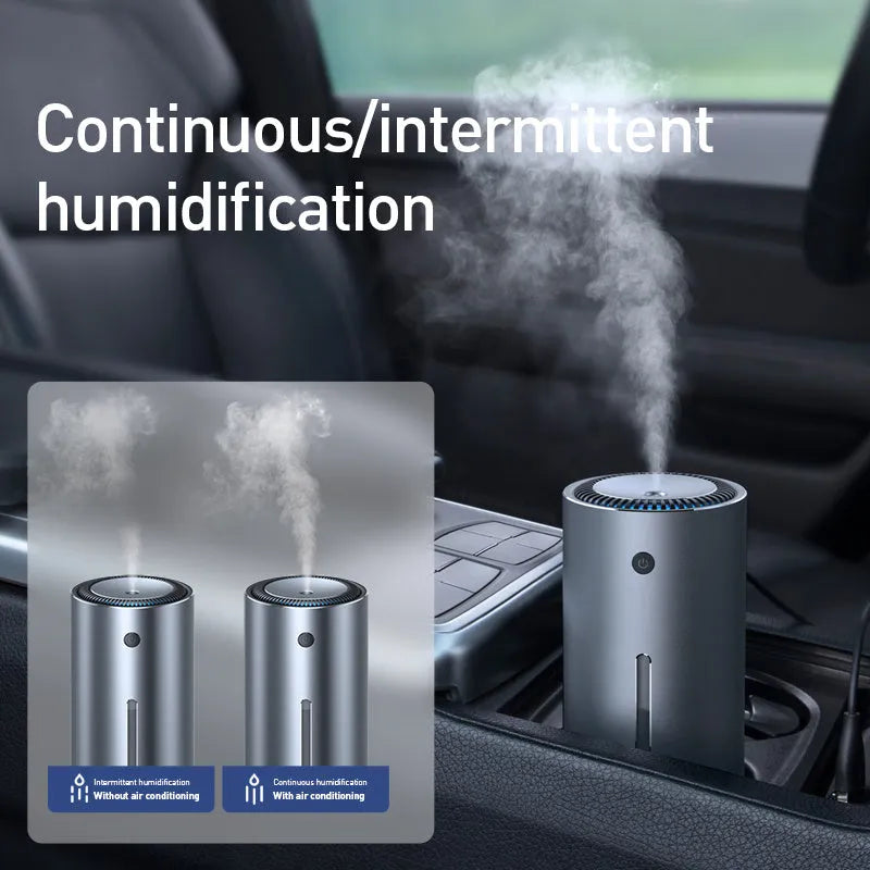 Black aluminium alloy car diffuser humidifier with USB cable for air purification.