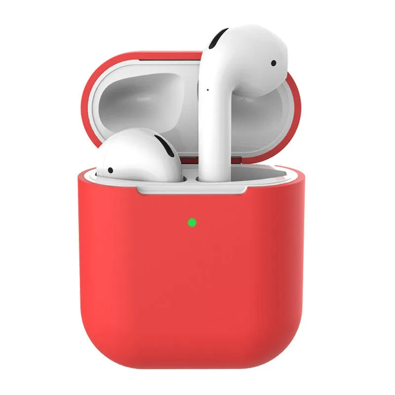 Silicone protective case for AirPods 2 shown in multiple colour options including black, blue, pink, and red.