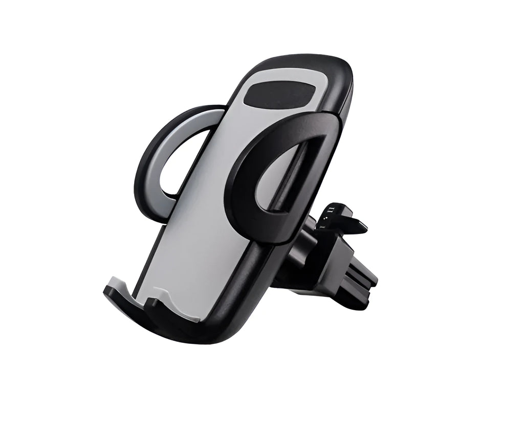 Black plastic car phone holder mounted on air conditioning vent holding smartphone