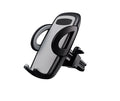 Black plastic car phone holder mounted on air conditioning vent holding smartphone