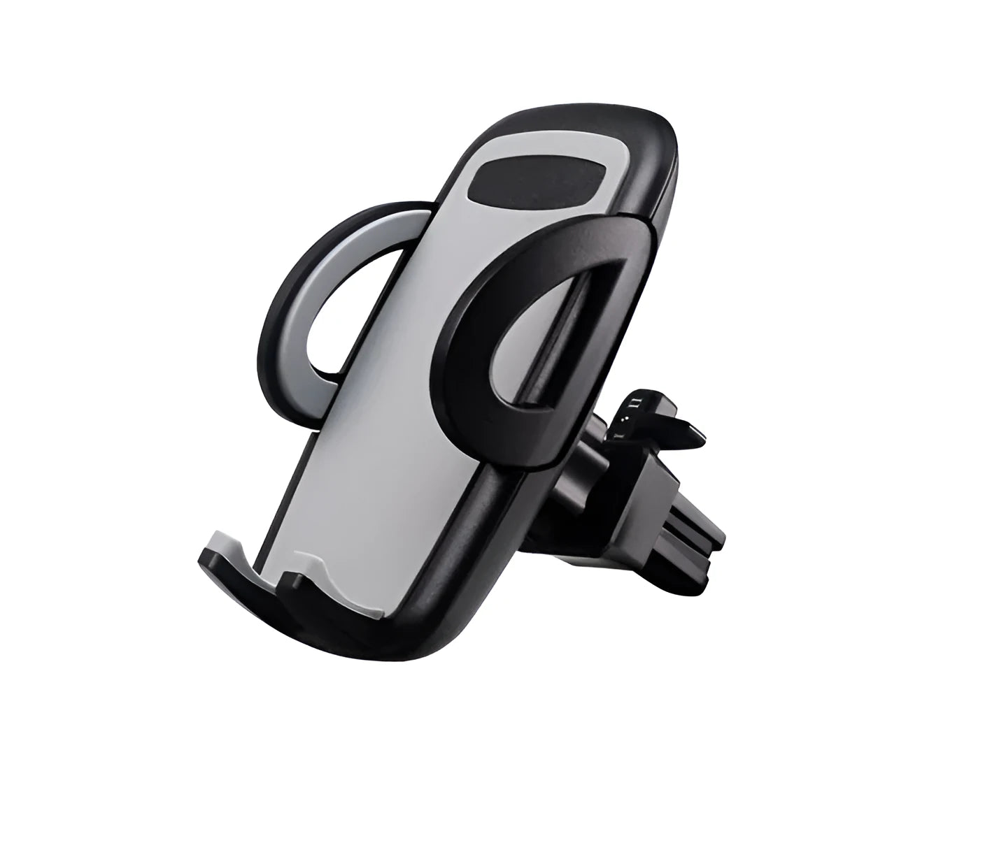 Black plastic car phone holder mounted on air conditioning vent holding smartphone