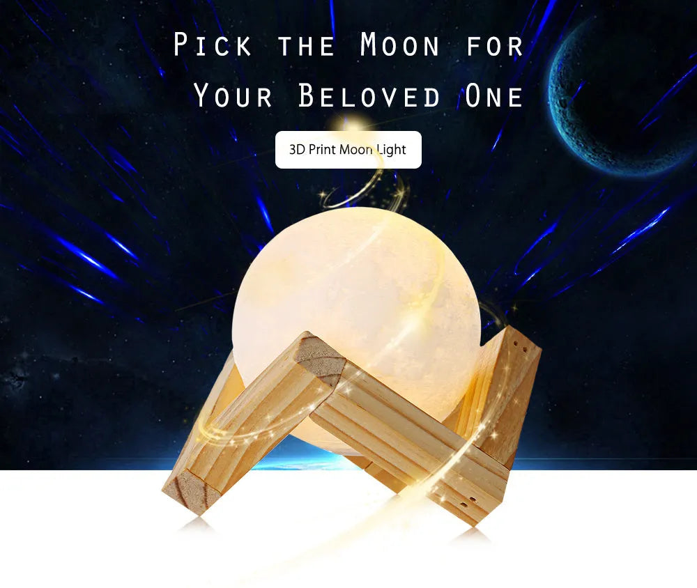 3D printed spherical moon lamp showing lunar surface texture on wooden holder