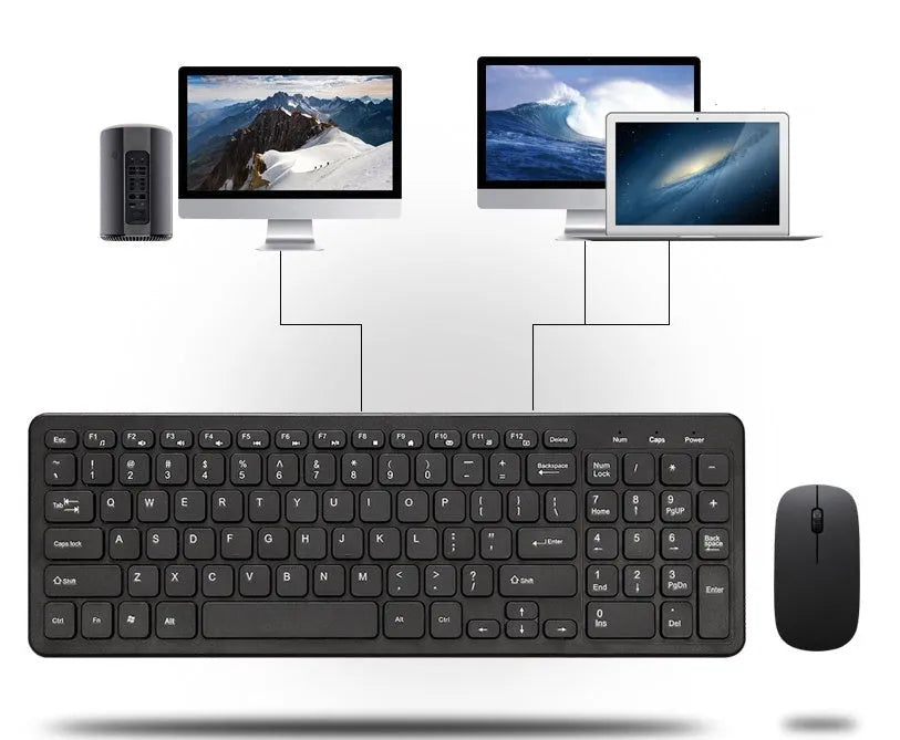 Black wireless keyboard and mouse set with USB receiver on a wooden desk.