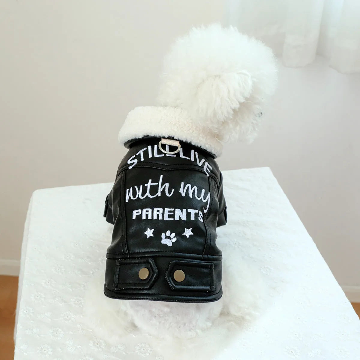Large fur coat style dog jacket with fleece lining in black, beige or suede colours for winter warmth