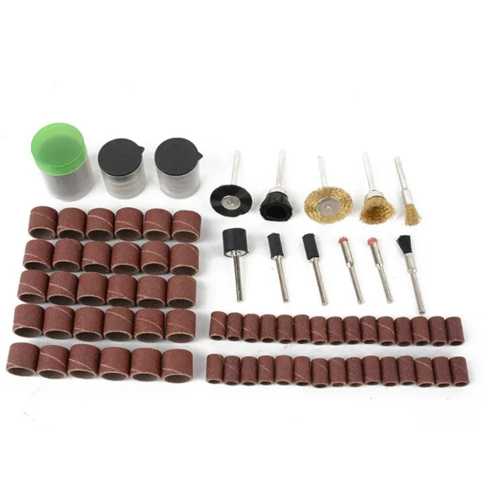 150-piece electric grinder accessory set with various discs and bits on a white background.
