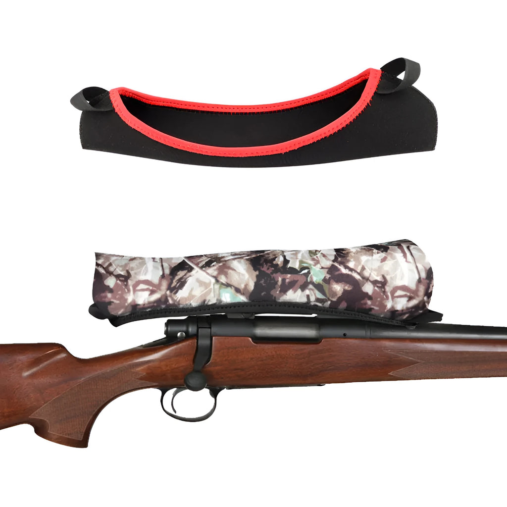 Reversible neoprene scope cover for rifle or shotgun in black and camouflage print lying flat