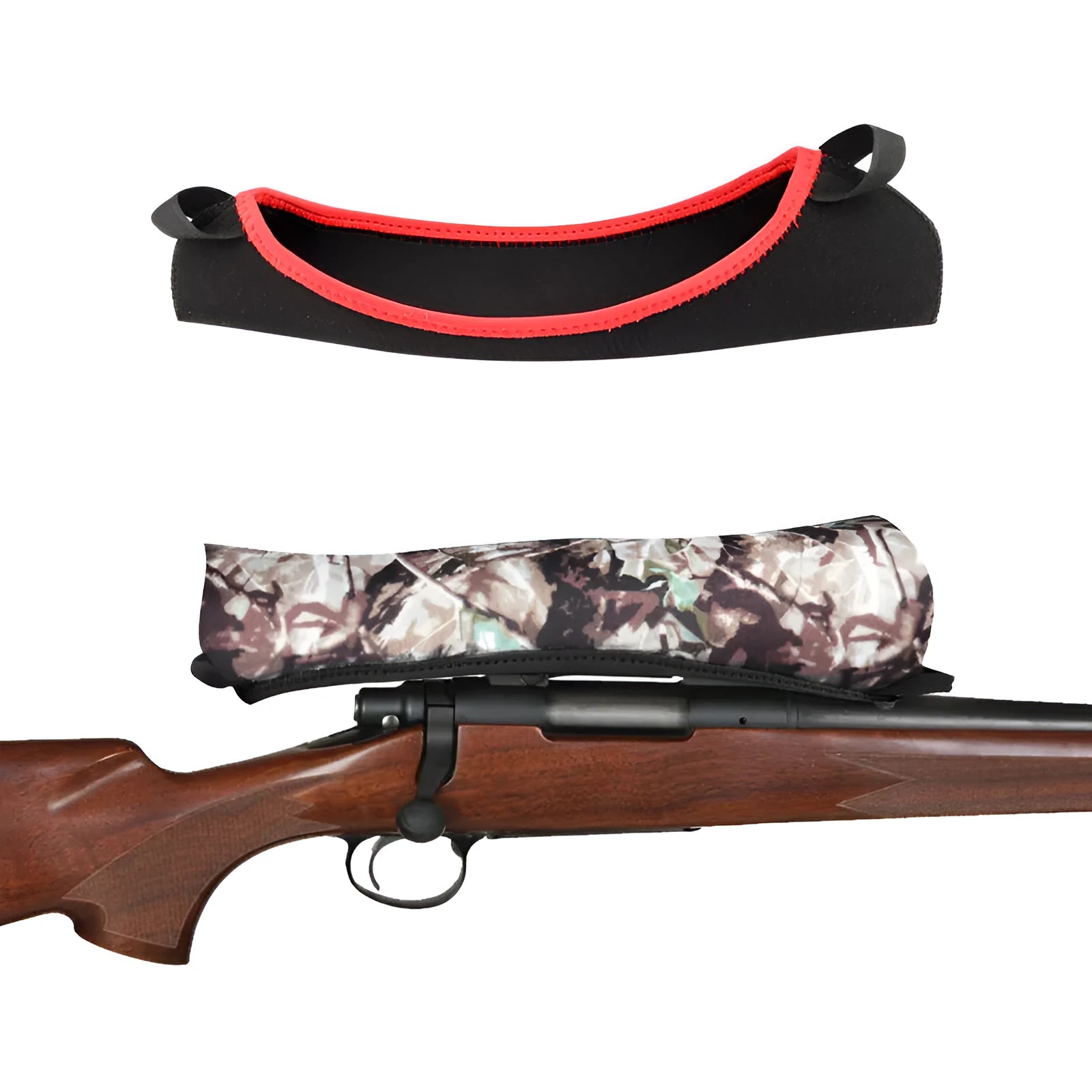 Reversible neoprene scope cover for rifle or shotgun in black and camouflage print lying flat
