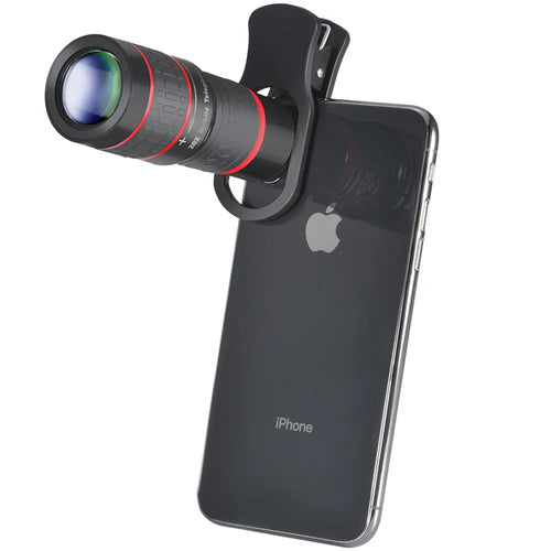 20x magnification smartphone telescope with universal mounting clip and eyepiece mask on a mobile phone.
