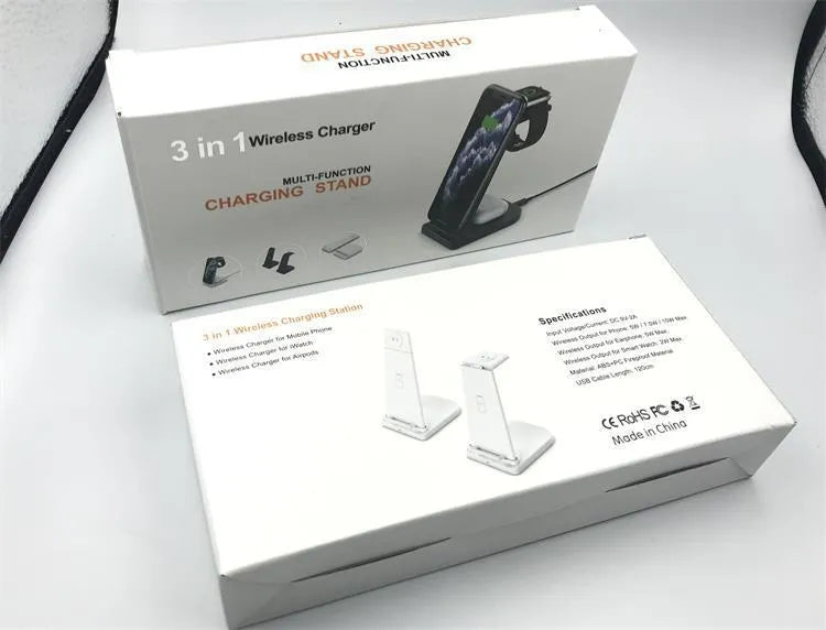 Black foldable 3-in-1 wireless charger for phone, watch and headphones showing compact size