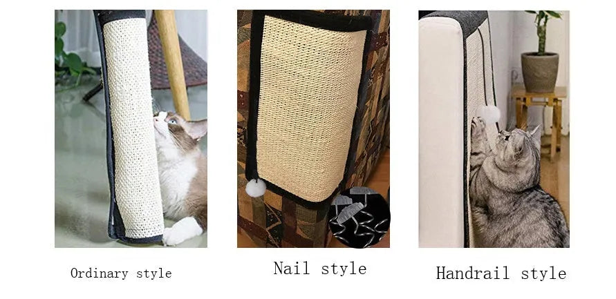 Beige cat scratch board made of sword sisal and cotton linen on sofa arm, 40x29cm furniture protection mat