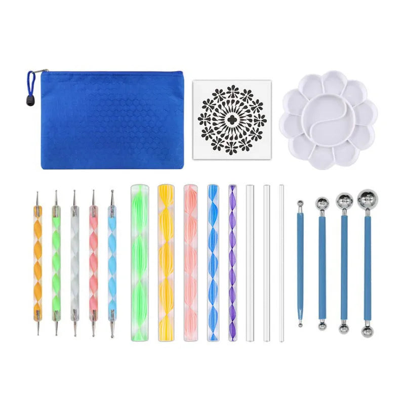 Pottery tool set with acrylic modelling tools, stainless steel trimming tools and plastic shaping ribs in blue storage bag