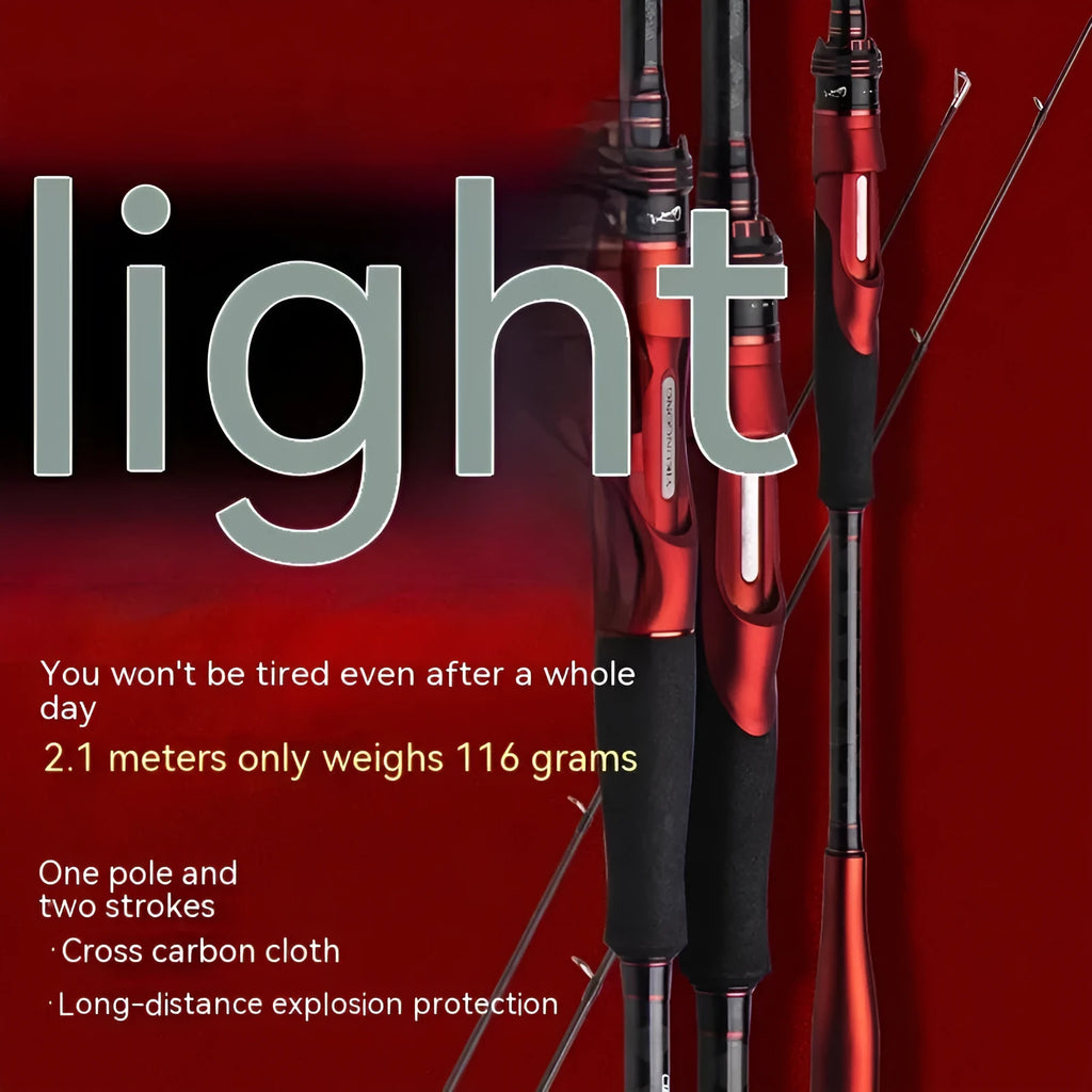 Carbon ultralight fishing rod showing straight handle and pikestaff style options in 2.1 and 2.4 metre lengths.