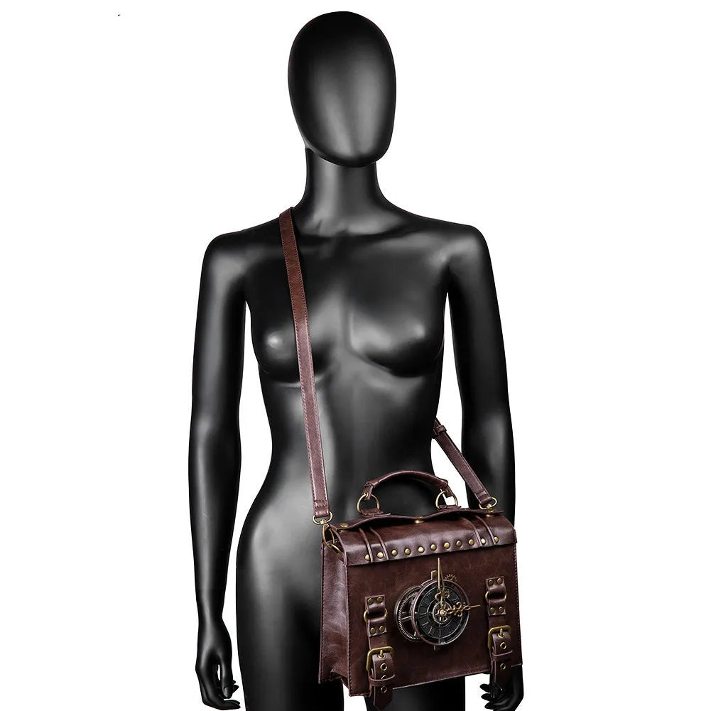Bronze steampunk industrial retro shoulder bag with metal accents and pillow shape