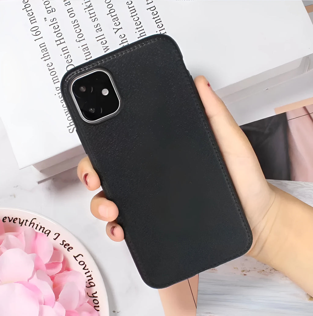 Leather TPU iPhone case shown in Black, Brown, Navy Blue, and Wine Red colours.