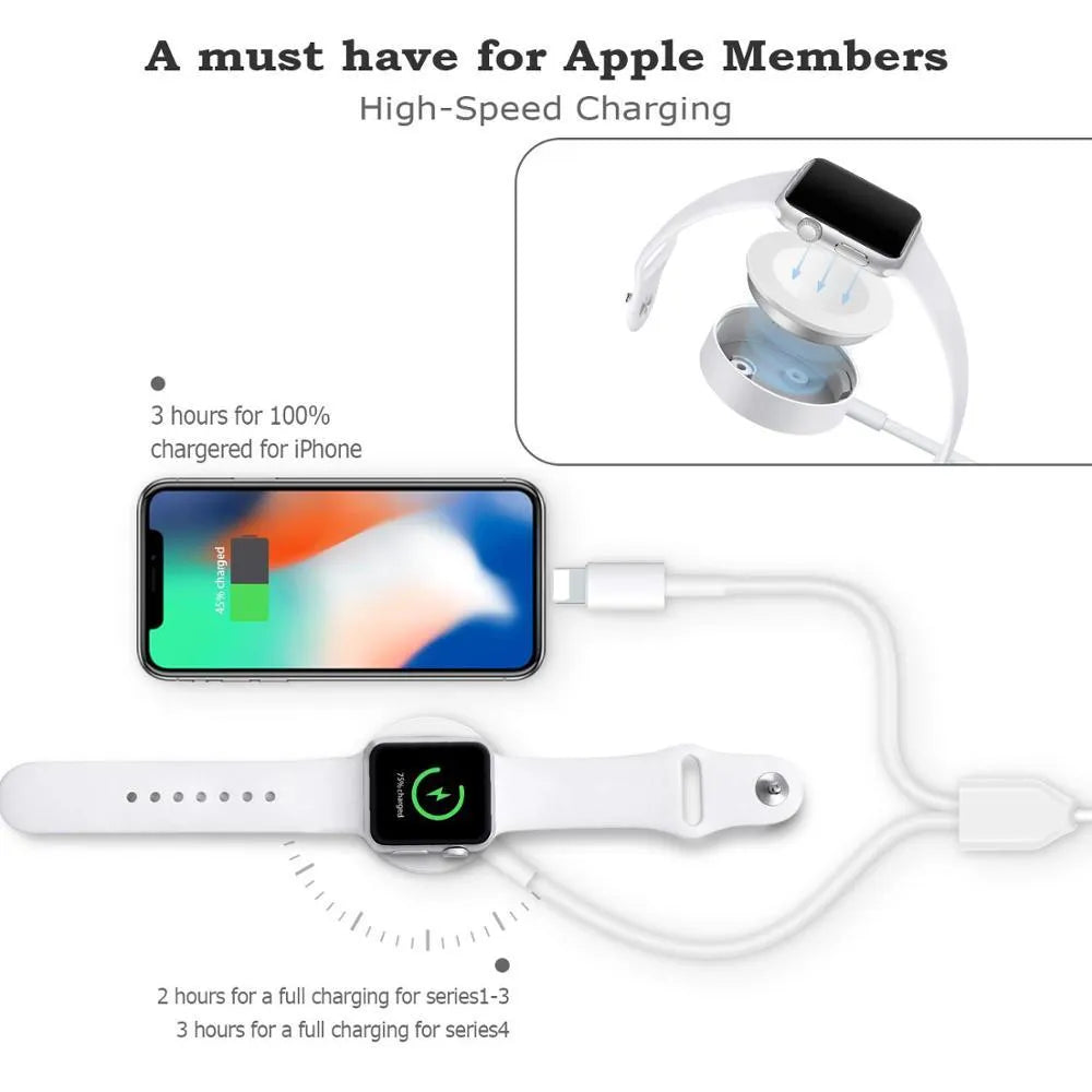 White two-in-one wireless charging dock with USB cable for smartwatch and device charging