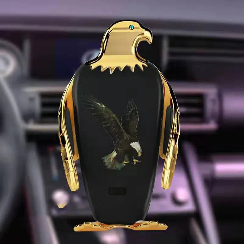 Eagle design car phone holder with wireless charging base in black and gold colour option