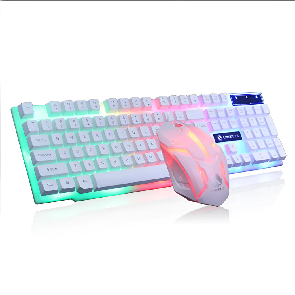 Limei GTX300 backlit gaming keyboard and mouse set in black and white on a desk.