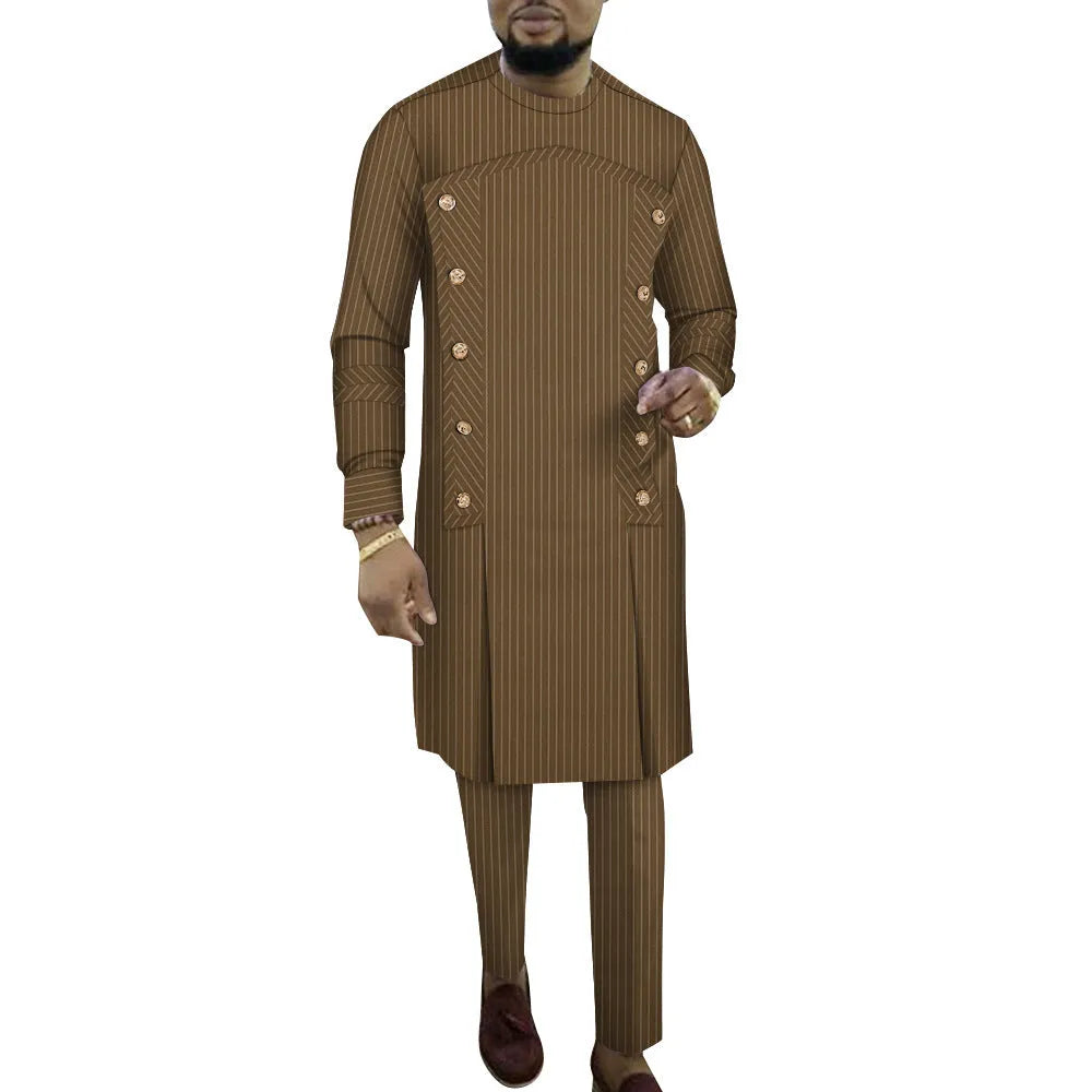 African striped cotton robe two-piece set for men, showing long sleeve top and matching trousers.