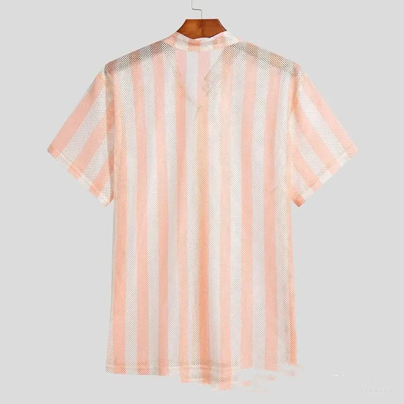 Men's pink waffle weave cardigan shirt with loose fit and short sleeves