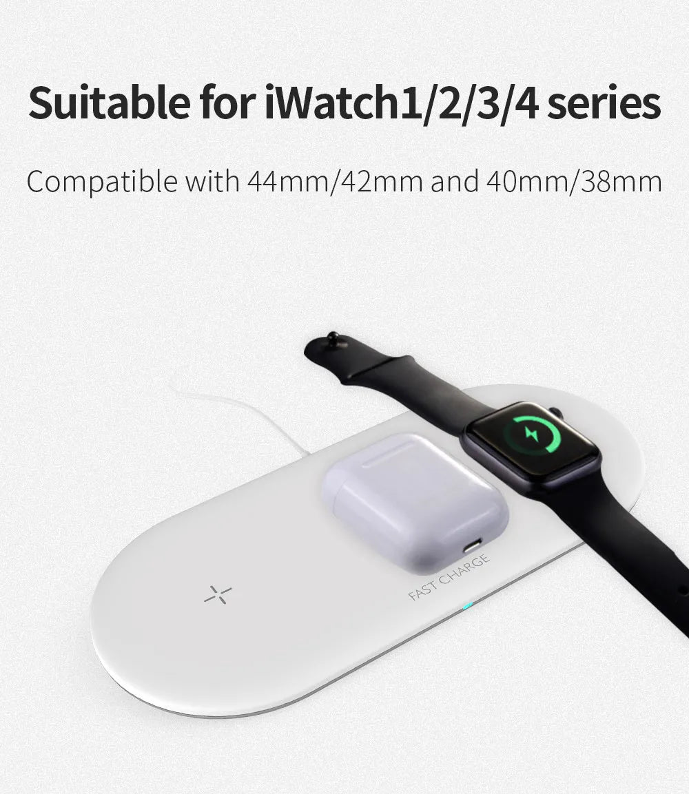 Three-in-one wireless charging station for Apple iPhone, Watch and AirPods on desktop