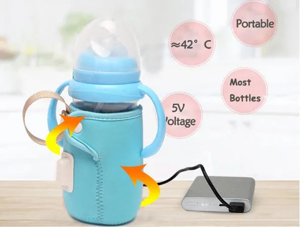 Orange and blue USB-powered baby bottle warmer sleeve with cotton fabric and PC materials
