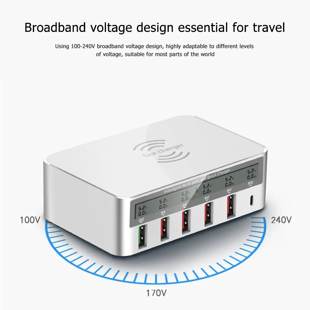White USB charging station with six ports including USB-C, 1.5 metre cable, and plug adapter options