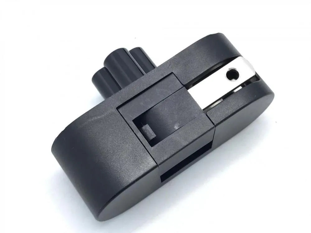 Black folding US plug for laptop chargers showing straight and 90-degree angled positions.