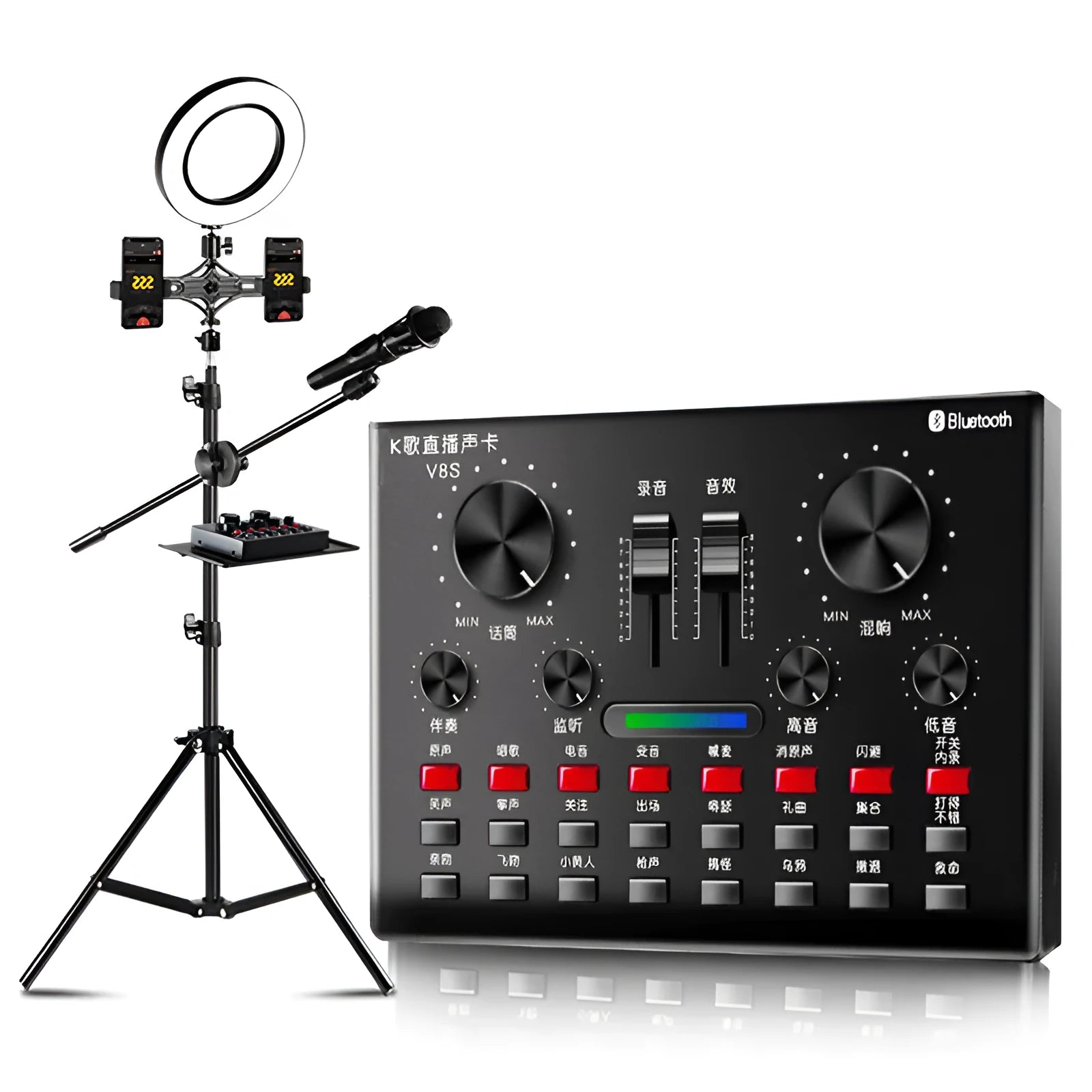 Computer universal capacitor microphone with V8S sound card, handheld mic, earphone, black plastic housing