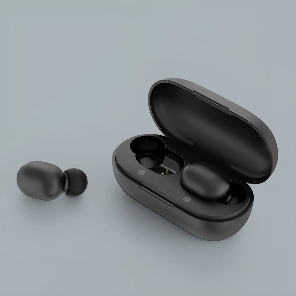 Black true wireless Bluetooth earbuds with charging case