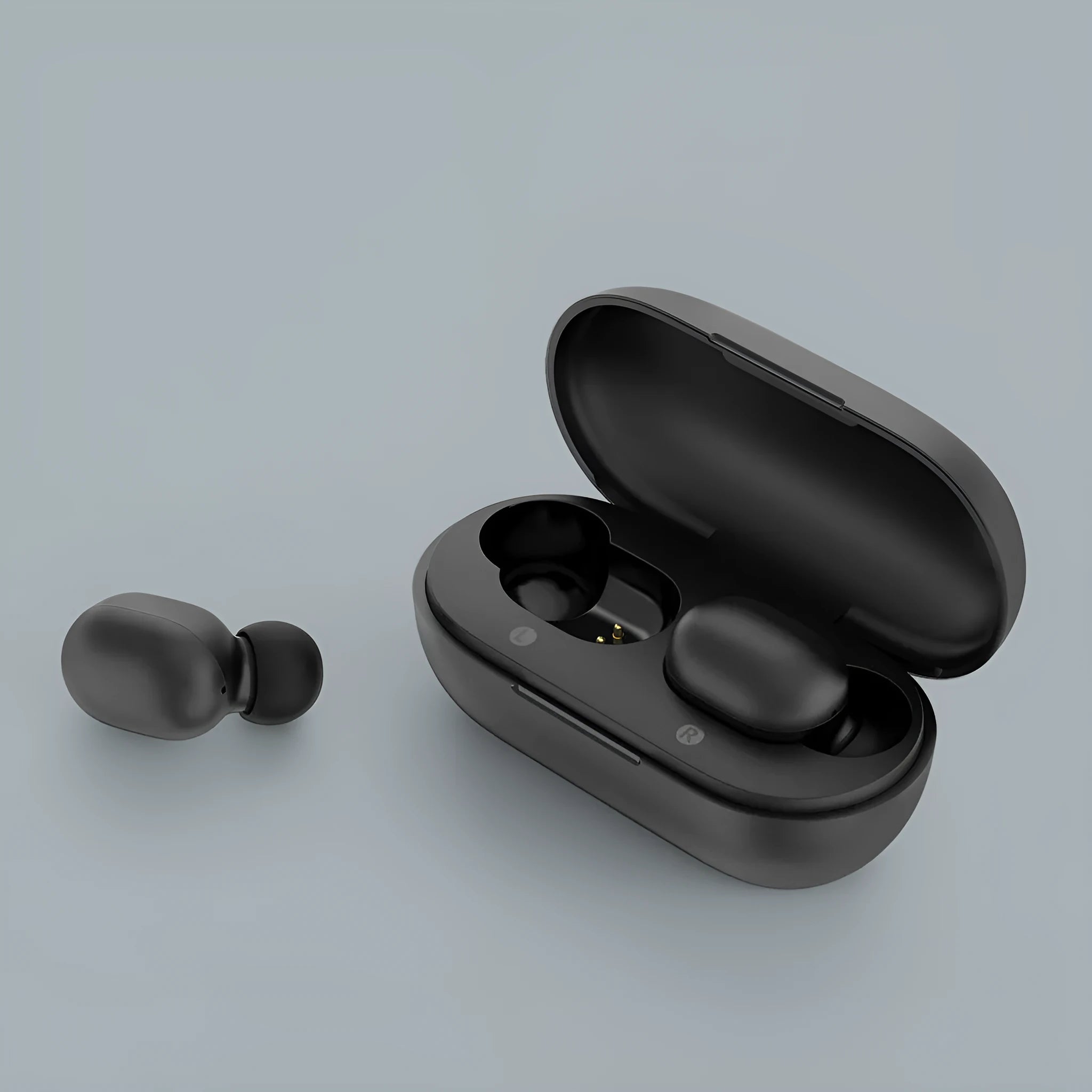 Black true wireless Bluetooth earbuds with charging case