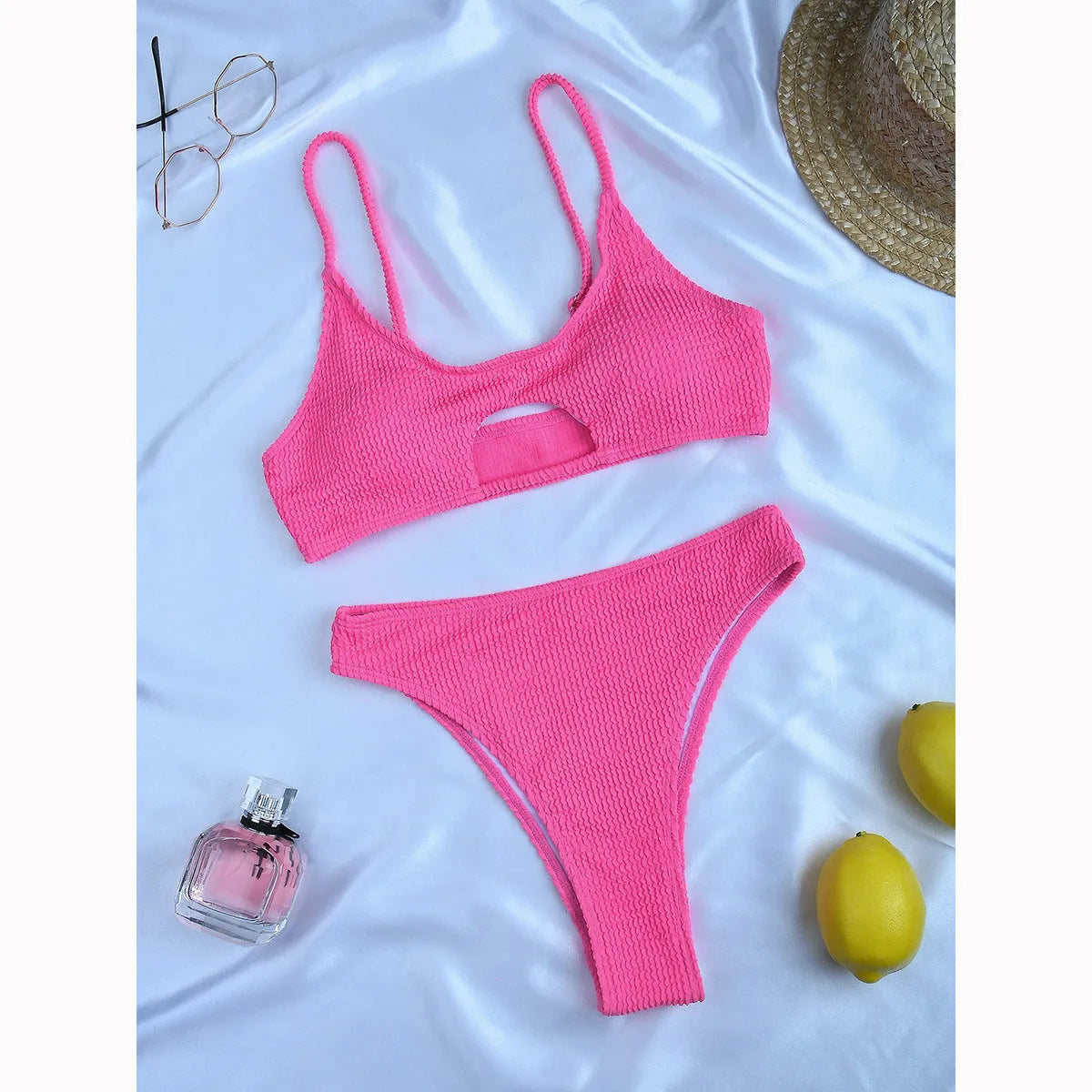 High waist split bikini set in solid nylon for ladies available in white pink and black colours