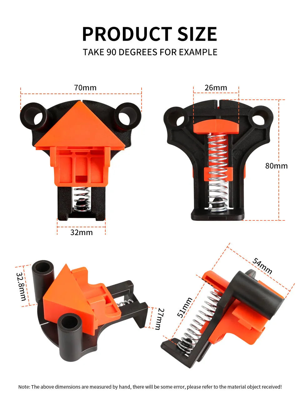 Four plastic 90 degree right angle woodworking clips for picture frame assembly