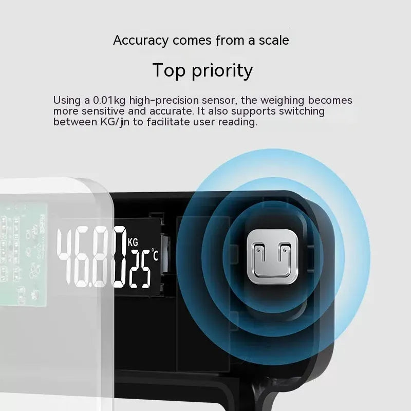 USB rechargeable electronic body scale with cross design in black, white, and rose red colour options