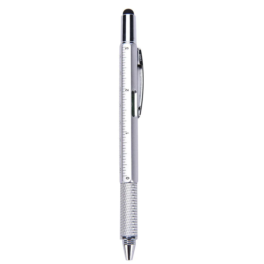 Black 6 in 1 multi-function touch screen stylus ballpoint pen with spirit level and screwdriver tips on white background