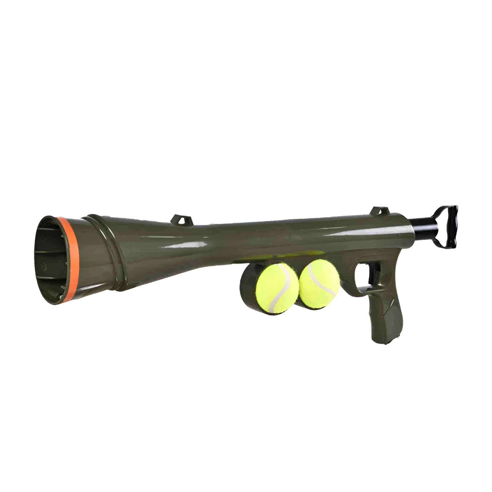 Black ABS plastic tennis ball launcher for dogs with two included tennis balls on grass