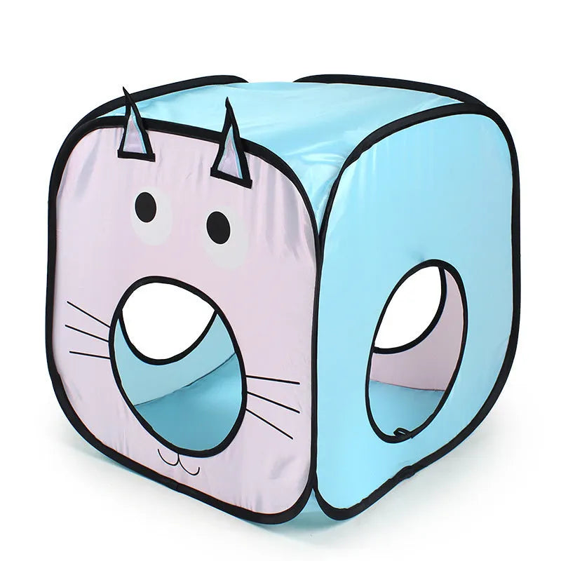 Foldable pet tent and cat tunnel three-piece set with cat and fish design