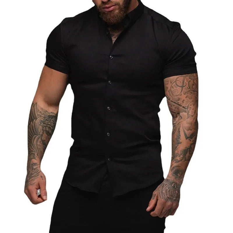 Men's short sleeve lapel shirt in loose cardigan style, solid colour, polyester, sizes M to XXXL.