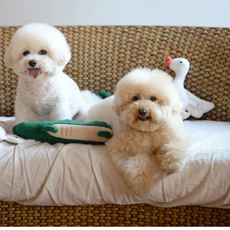 Green plush interactive toy dog measuring 35cm in length for pet play