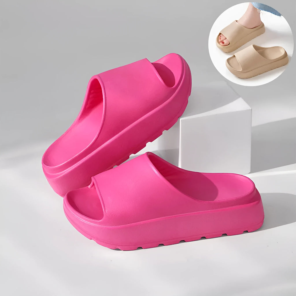 Women's beige fish mouth design beach slippers with a thick 5.5cm EVA sole.