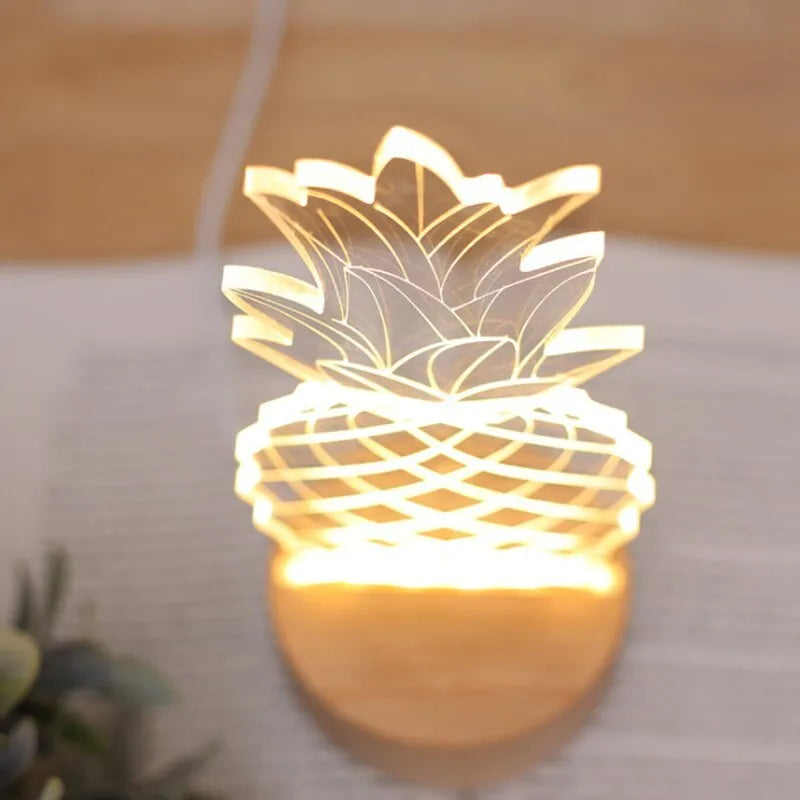 Cartoon pineapple shaped wooden and acrylic bedside table lamp with USB cable and dimmer buttons.