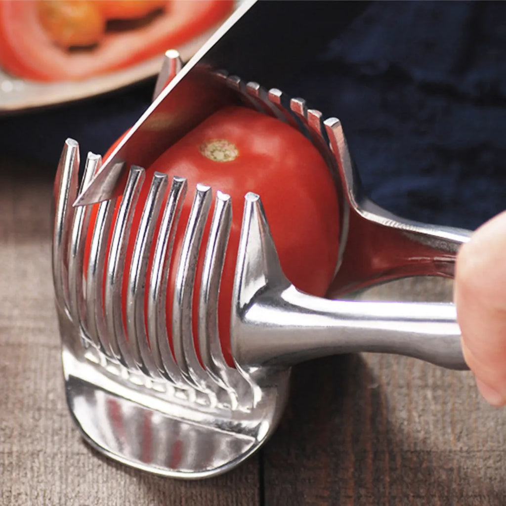 Silver plastic lemon slicer kitchen gadget for fruit and vegetable cutting