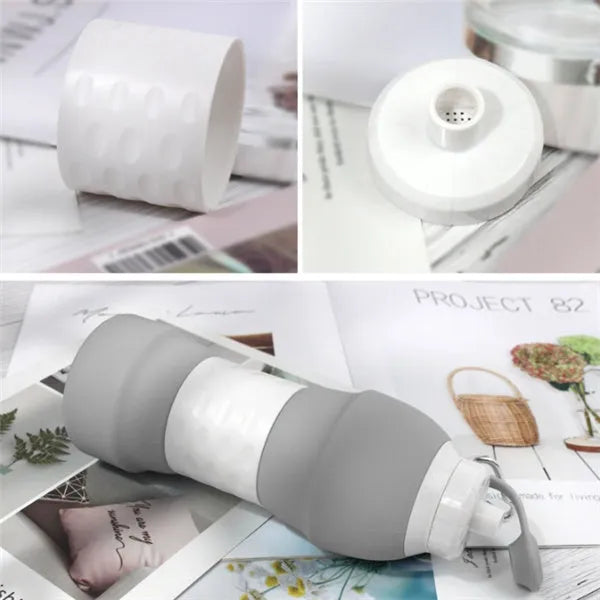 Blue silicone folding water bottle shown both fully expanded and folded to half its height