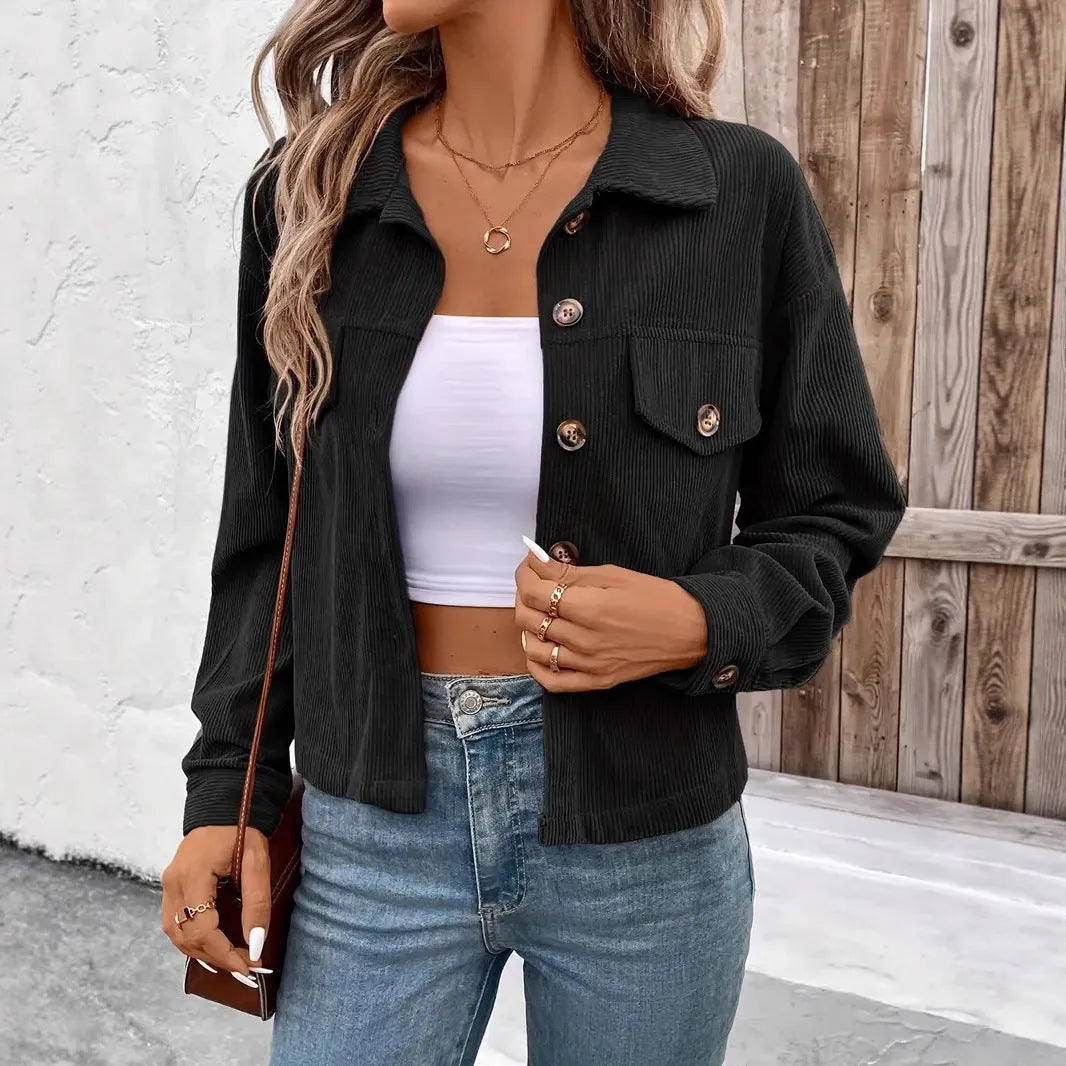 Women's retro artistic polyester shirt coat jacket in loose fit with long sleeves
