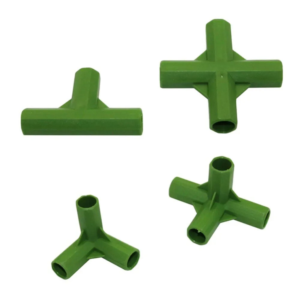 Three-way and four-way garden stake connectors for 11mm diameter plant supports