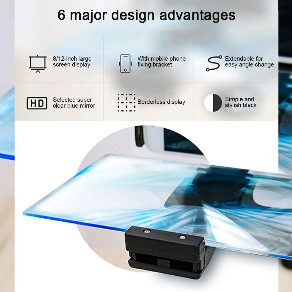 Black 12-inch mobile phone screen amplifier with adjustable bracket showing acrylic blue lens display