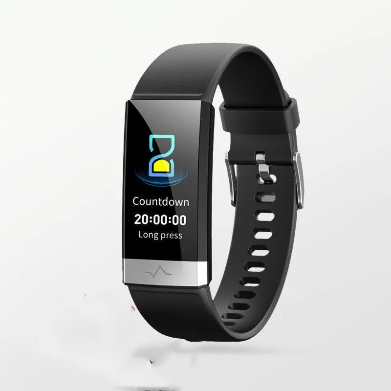 V19 smart fitness tracker bracelet with colour screen on a wrist, showing health data.